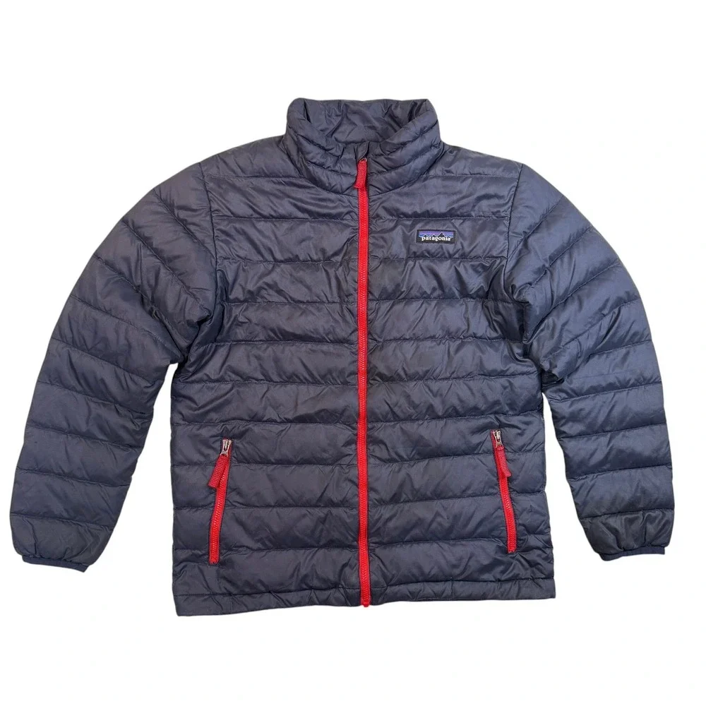 Patagonia Kids Down Sweater Jacket Navy Blue Red Full Zip Puffer Size M 10 Youth